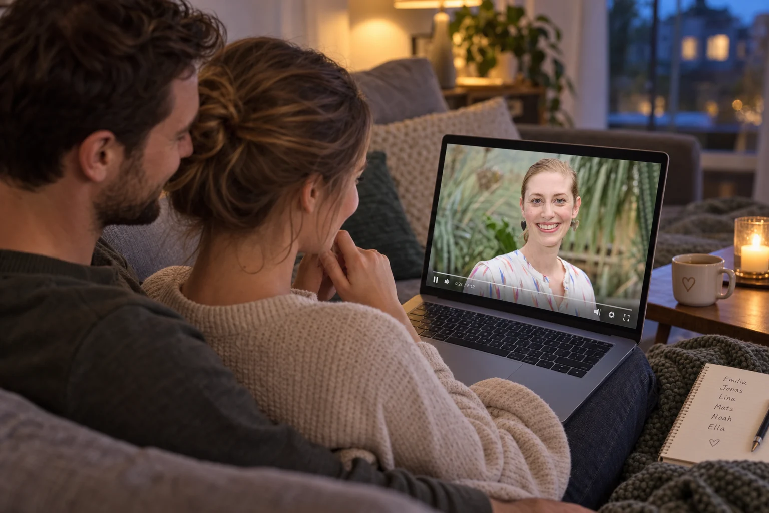 Ein Paar schaut am Abend gemeinsam Andreas persönliches Namensvideo auf dem Laptop an